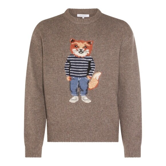 Maison Kitsuné Medium-Brown Knit Sweater With Whimsical Fox Design - NWT